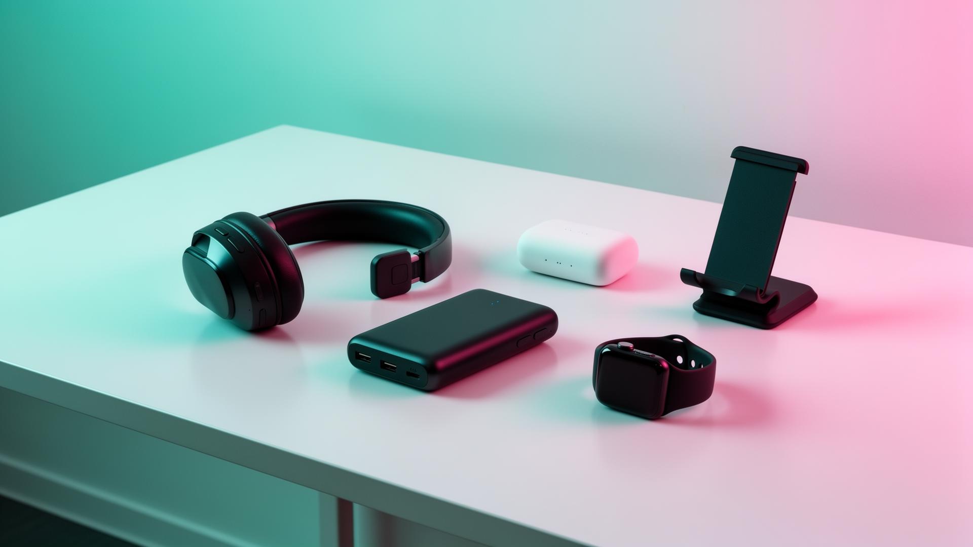 Modern tech corporate gifts including bluetooth headphones, power bank and phone holder